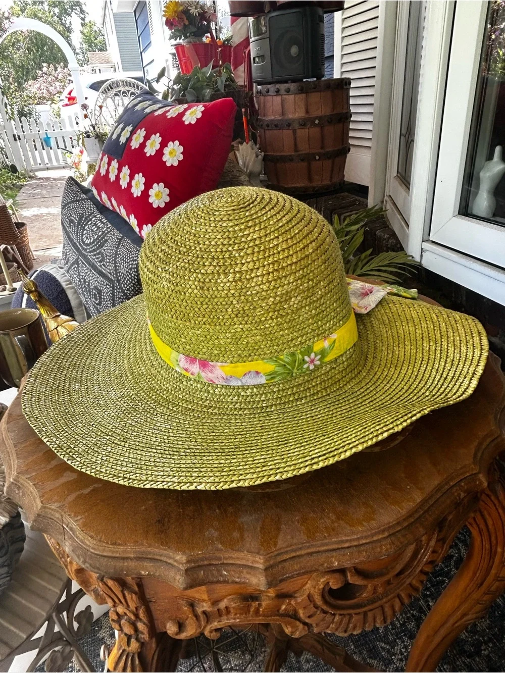 Sun Hat with Floral Tie - Yellow Green